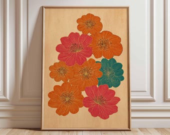 Retro Floral Wand Kunstdruck, Mid Century Modern Botanisches Poster, Buntes Blumen Kunstwerk im Vintage Stil, Botanische Kunst, Retro Florales Poster