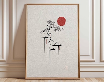 Minimalistische Japanische Pagode Art Print, Zen Rote Sonne Wandposter, Japanische Tusche Linie Kunst