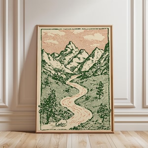 May include: A framed landscape art print featuring a mountain range, river, and trees. The artwork is in a vintage style with green and beige tones. The sky is a peach color, and the river is a reddish-brown.