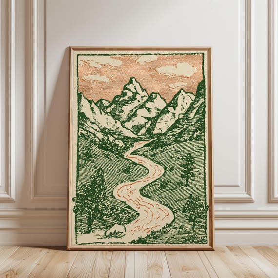 Mountain Valley Poster, Linocut Landscape in Green and Rust Tones
