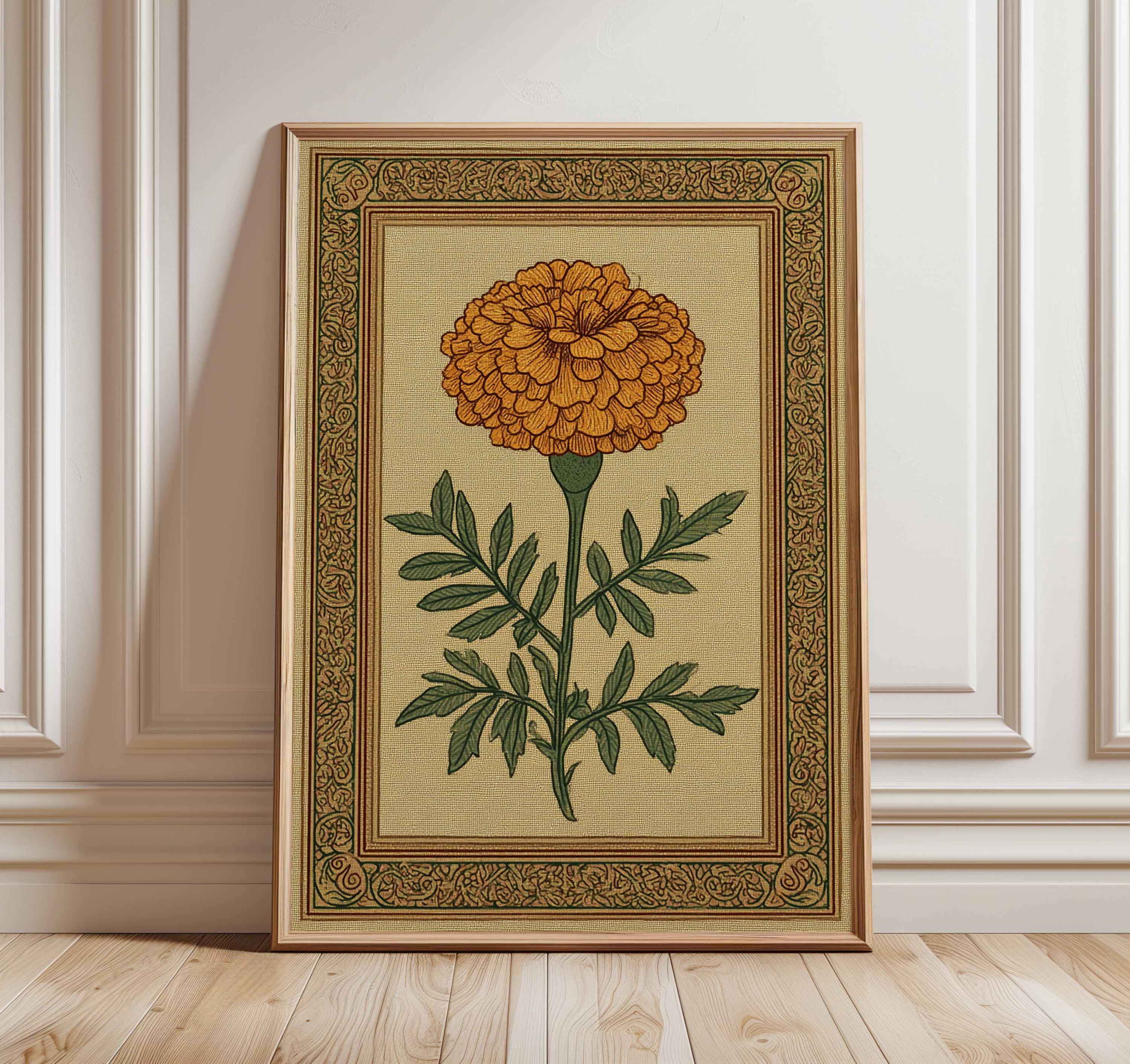 ヴィンテージマリーゴールドボタニカルウォールアートプリント、花の