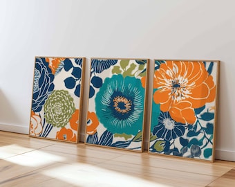 Teal, Orange, and Blue Floral Prints, Modern Botanical Wall Art Set