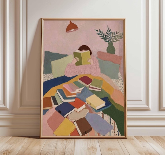Reading Wall Art Print | Cozy Book Lover Poster | Colorful Literary Artwork | Modern Bedroom Library Decor | Book Aesthetic Print
