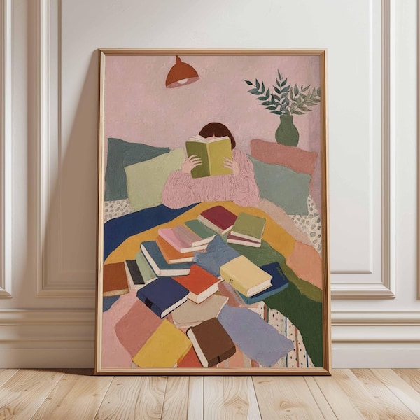 Lesen Wand Kunst Druck | Gemütliches Buchliebhaber Poster | Farbenfrohes Literarisches Kunstwerk | Moderne Schlafzimmer Bibliothek Dekor | Buchästhetischer Druck