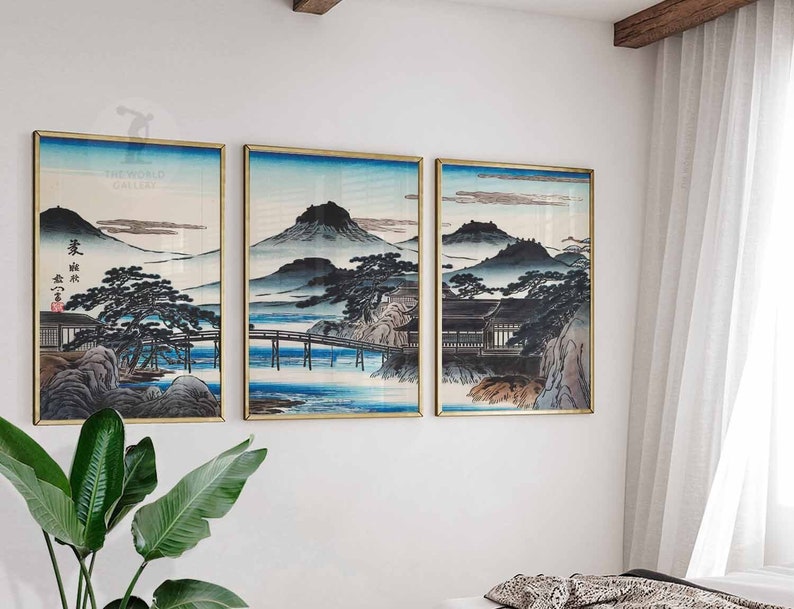 Set of 3 Japanese Floral Posters, Gold Japanese Prints, Botanical Wall