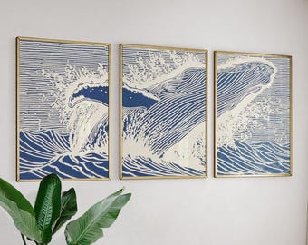 Conjunto de 3 pôsteres de baleias do oceano azul, impressões em tinta japonesa.