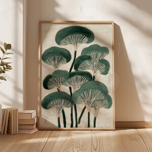 May include: A framed botanical print featuring stylized green mushroom illustrations against a beige background. The artwork has a natural wood frame and is displayed on a wooden floor, creating a serene, nature-inspired aesthetic.