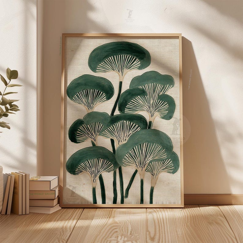 May include: A framed botanical print featuring stylized green mushroom illustrations against a beige background. The artwork has a natural wood frame and is displayed on a wooden floor, creating a serene, nature-inspired aesthetic.