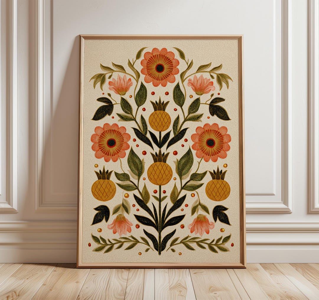 Folk Art Botanical Print, Scandinavian Floral Wall Decor - Etsy