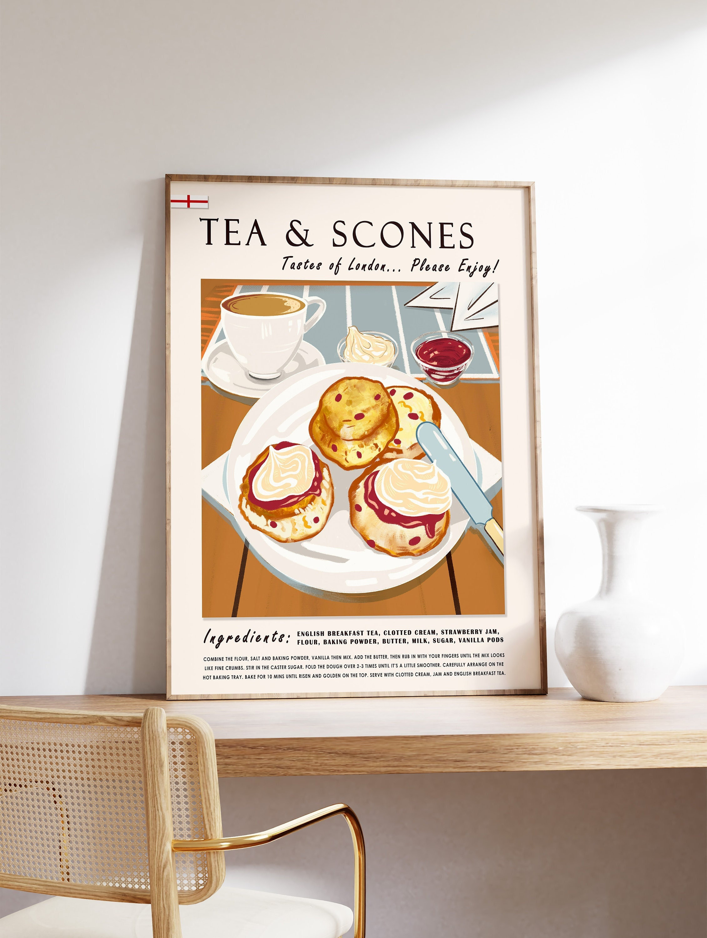 English Scones and Tea Poster, Food Art, Food and Drink Poster, London Print, Kitchen Decor, Bakery Art, Retro Print, Food Gift