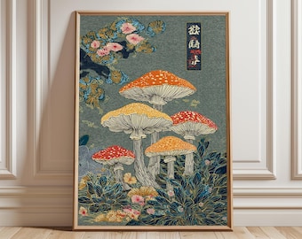 Japanese Mushroom Poster, Vintage Botanical Fungi Print