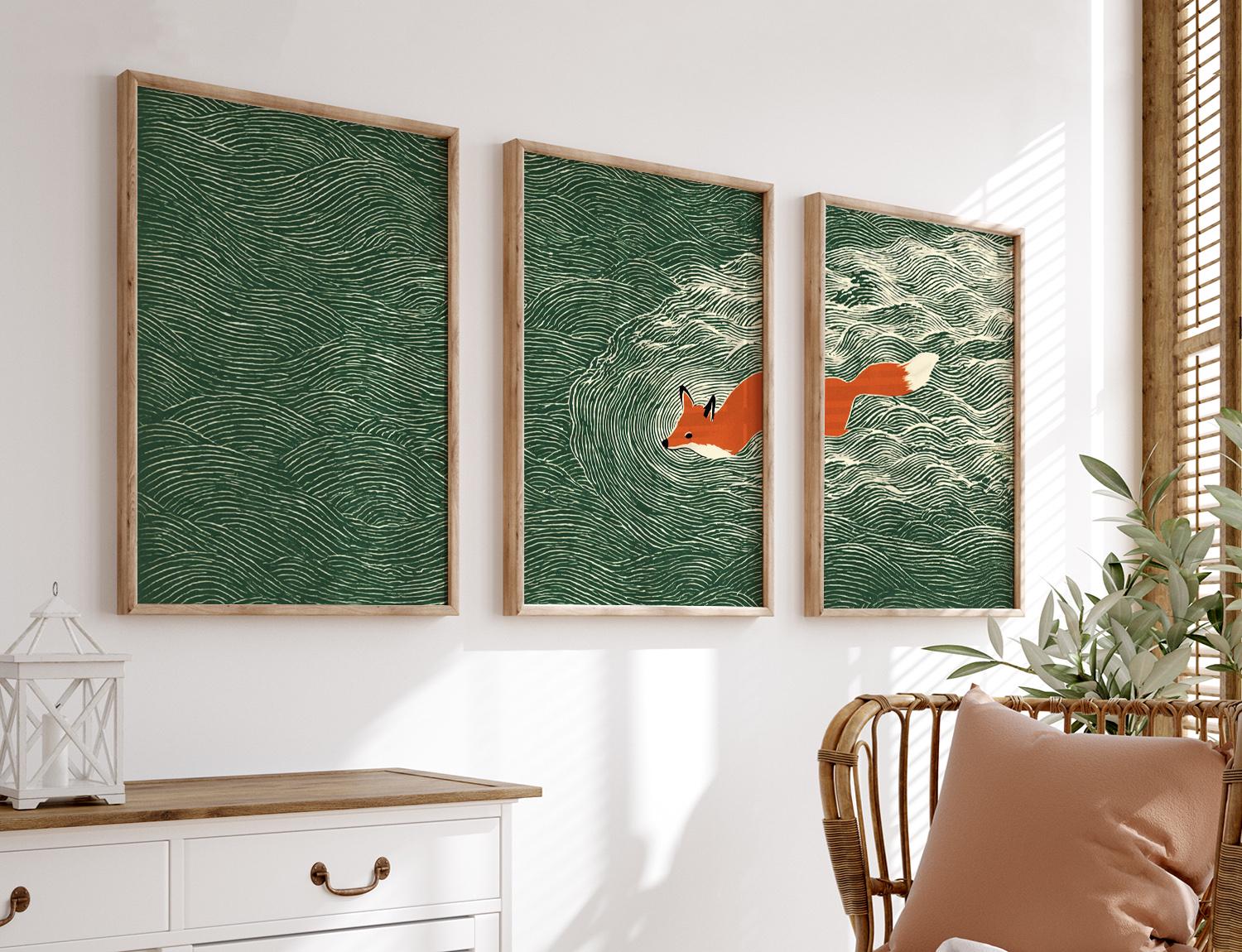 Japanese Fox Ocean Wall Art Set | Green Wave Triptych | 3 Posters