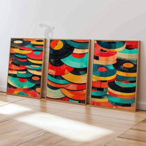 Set Of 3 Vinyl Record Posters, Retro Music Wall Art, Colorful Abstract Turntable Prints, Record Player Art, Mid Century Modern Music Decor
