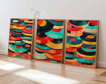 Juego de 3 pósteres de discos de vinilo, arte mural musical retro, impresiones abstractas coloridas de tocadiscos, arte de tocadiscos, decoración musical moderna de mediados de siglo