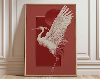 Japoński żuraw, minimalistyczna ilustracja czerwonego ptaka orientalnego