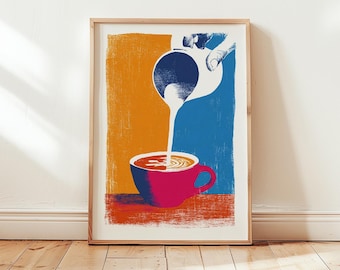 Barista Latte Art Print, Colorful Kitchen Café Decor