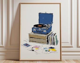 Minimalist Blue Record Player Art Print, Music Room Decor