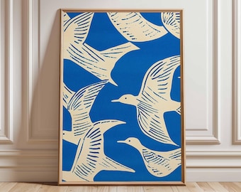Seagull Wall Art Print, Modern Coastal Poster in Blue and Cream, Minimalist Bird Illustration, Nautical Beach Decor, Minimalist Bird Artwork