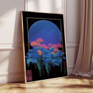 May include: Framed art print featuring a stylized floral design. The artwork showcases a large blue circle against a black background, with vibrant orange and blue flowers. The print is in a gold frame and leans against a wall.