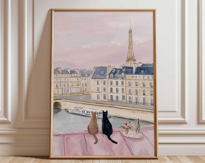 Pastel Paris Cat Art Print, Eiffel Tower, Romantic Parisian Wall Art, French Apartment Decor, Cat Lovers Gift, Cute Pink Aesthetic Poster