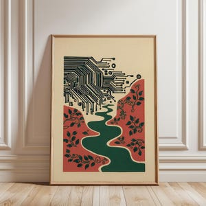May include: Framed art print with a landscape design. A green river flows through red hills with black leaf patterns. A circuit board design is at the top, set against a beige background. The artwork is in a wooden frame.
