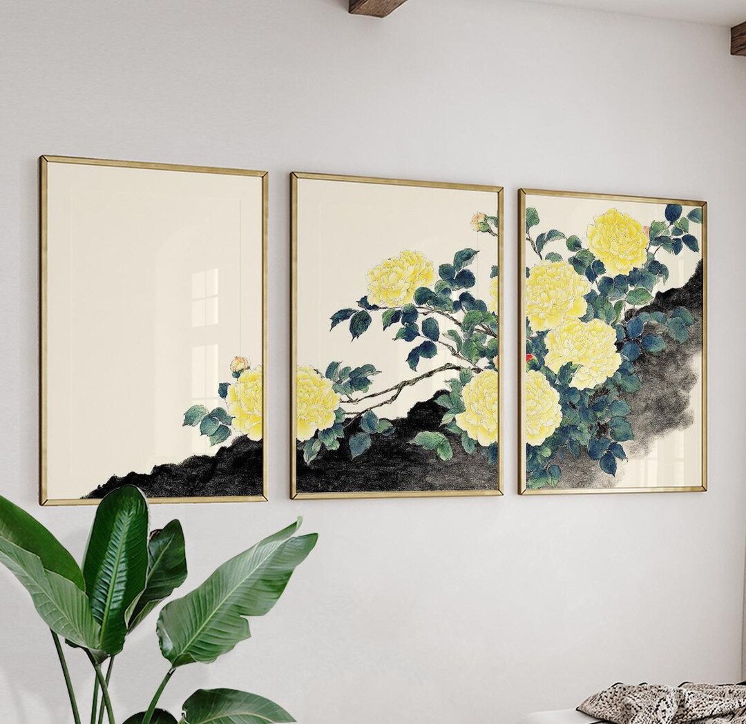 Yellow Floral Botanical Print Set | Vintage Asian Style Triptych - Etsy