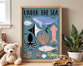 Under the Sea Nursery Print, Ocean Animal Illustration, Coastal Decor