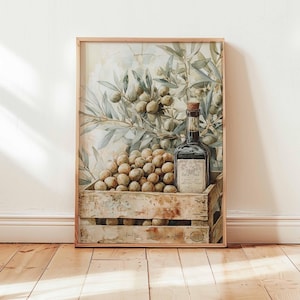 Rustic Olive Oil Poster, Mediterranean Kitchen Wall Art, Tuscan Food Print, Farmhouse Decor, Vintage Olive Tree Botanical Artwork