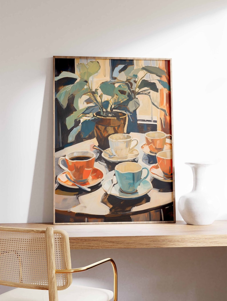 May include: A painting of a still life with five colorful teacups and saucers on a table, with a potted plant in the background.