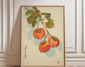 Póster de caqui japonés, impresión de acuarela, arte mural botánico