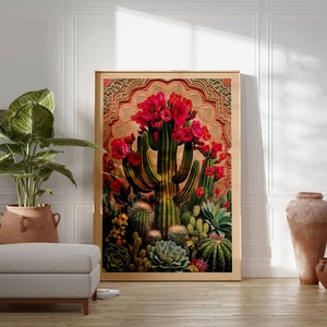 Vintage Mexican Cactus Poster, Colourful Mexican Art Prints, Mexican Decor, Traditional Mexican Art, Floral Decor, Latin Print, Mexican Gift image 3