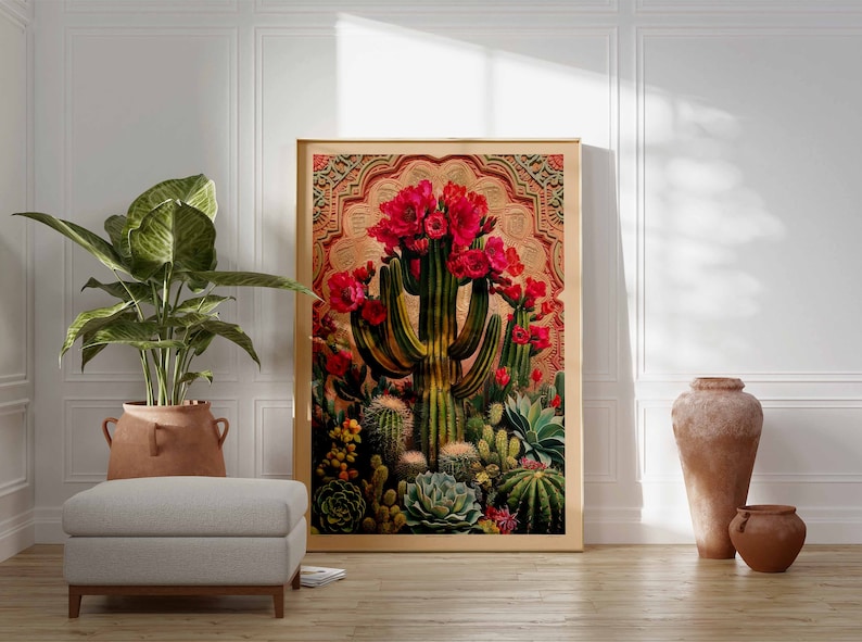 Vintage Mexican Cactus Poster, Colourful Mexican Art Prints, Mexican Decor, Traditional Mexican Art, Floral Decor, Latin Print, Mexican Gift image 3