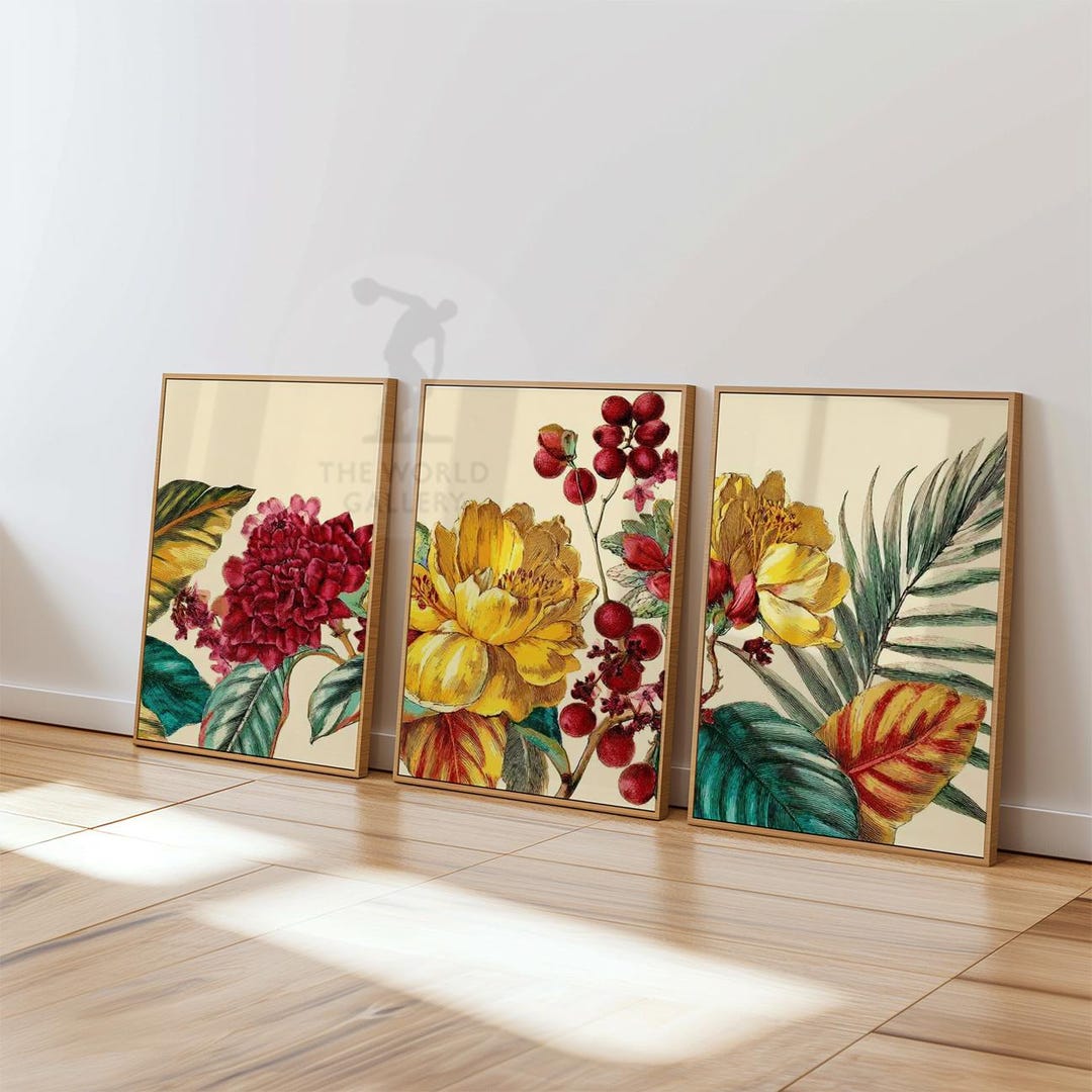 Vintage Tropical Floral Art Prints | Botanical Wall Art Set of 3 - Etsy