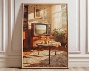 May include: A framed vintage-style artwork depicting a living room scene. The focal point is a retro television set atop a wooden cabinet. A round coffee table with drinks and a patterned rug complete the cozy, sunlit interior.