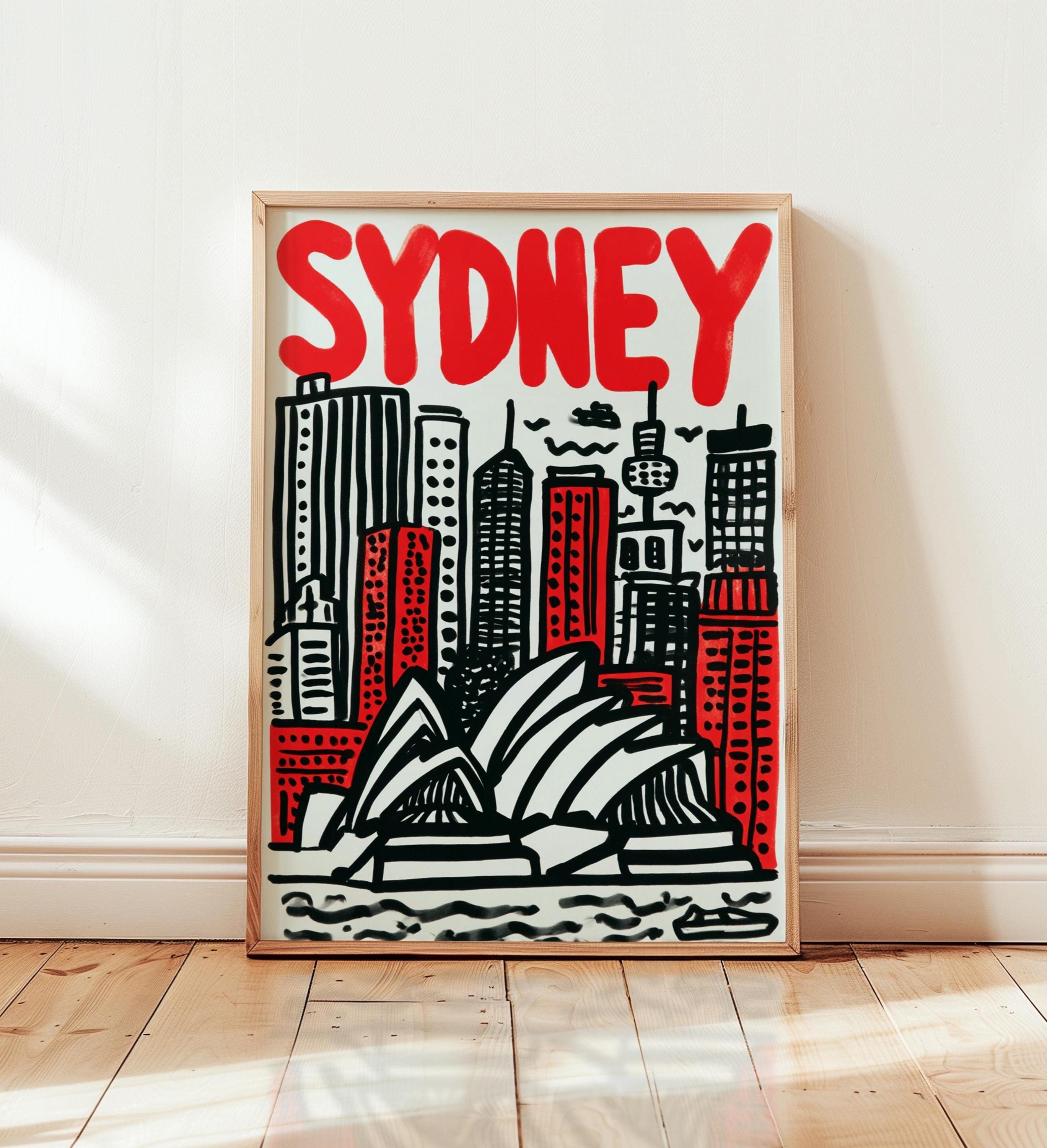 Sydney Graffiti Art Print, Bold Red Cityscape, Australia Travel