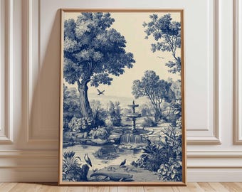Plakat vintage toile, niebiesko-biały azjatycki krajobraz