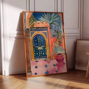 May include: A watercolour painting depicting a colourful doorway with a blue door and intricate details. The door is framed by a yellow archway and surrounded by lush greenery. The background features a pink sky with stars and a palm tree.
