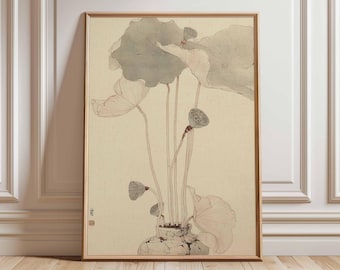 Lámina decorativa japonesa con estampado de loto, arte mural botánico oriental.