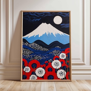 May include: Framed art print featuring a stylized depiction of Mount Fuji under a full moon. The artwork uses bold colors, including white, blue, and red, with a textured appearance. The foreground showcases stylized flowers.