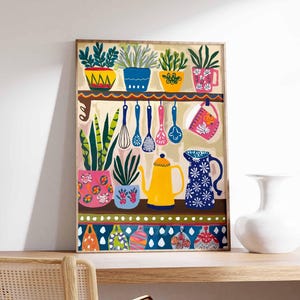 May include: A colourful illustration of a kitchen shelf with potted plants, kitchen utensils, and a teapot. The plants are in colourful pots with geometric patterns. The utensils are hanging from hooks and include a whisk, spoons, and a ladle. The teapot is yellow with a black handle and spout. The shelf is decorated with a green and white polka dot pattern.