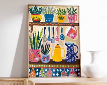 Colorful Kitchen Wall Art, Kitchen Decor, Floral Poster, Boho Scandinavian Decor, Kitchen Poster, Shelf Poster With Utensils and Flowers