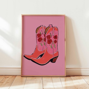 Pink Cowgirl Boots Poster, Western Wall Art Print, Retro Country Girl Decor, Floral Cowboy Boot Illustration for Bedroom or Studio