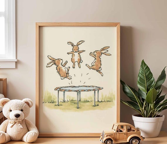 Bunny Trampoline Nursery Poster | Playful Rabbit Print for Kids