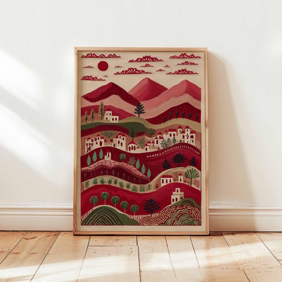 Palestine Poster, Middle East Poster, Palestinian Folk Art Print, Olive Tree Wall Art, Rural Village Decor, Cultural Posters And Prints