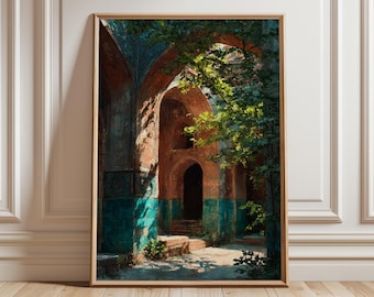 Middle Eastern Courtyard Print, Islamic Architecture Wall Art, Persian Archway Painting, Oriental Decor Poster