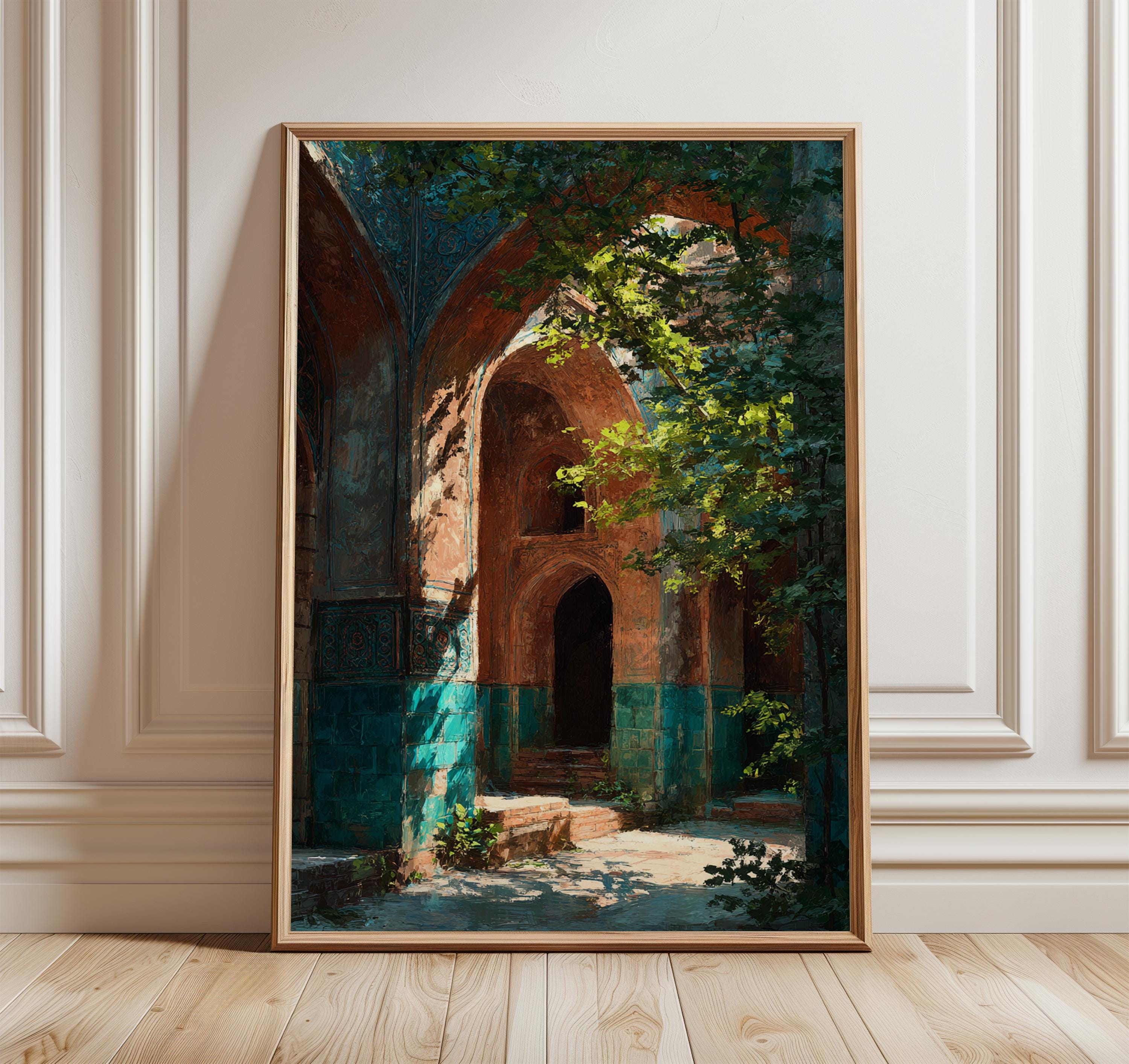 中東の中庭のプリント、イスラム建築の壁画、ペルシャのアーチ道の絵画