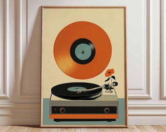 Puede incluir: Un estampado enmarcado de estilo vintage con un tocadiscos y un disco de vinilo en tonos naranja, negro y crema. Una flor roja añade un toque de color. La obra de arte es un diseño retro, ideal para amantes de la música.