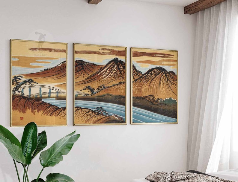 Set of 3 Japanese Floral Posters, Gold Japanese Prints, Botanical Wall