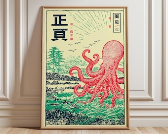 Vintage Ukiyo-e Octopus Print, Japanese Wall Art
