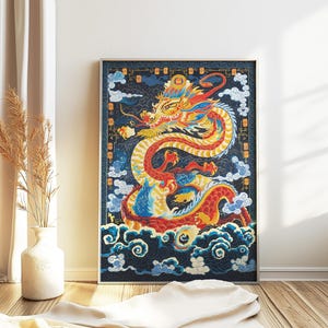 Chinese Dragon Wall Art, Dragon Poster, Chinese Print, Feng Shui Decor, Asian Decor, Oriental Wall Art, Floral Art, Asian Art, Chinese Gift